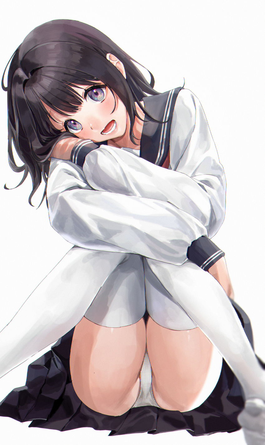 1girl :d absurdres bangs black_hair black_sailor_collar black_skirt blouse blue_eyes blurry blurry_foreground blush depth_of_field head_rest highres knees_together_feet_apart knees_up long_hair long_sleeves looking_at_viewer open_mouth original panties pantyshot pleated_skirt sailor_collar school_uniform serafuku simple_background sinomi sitting skirt sleeve_cuffs smile solo symbol-only_commentary tareme teeth thigh-highs underwear white_background white_blouse white_legwear white_panties