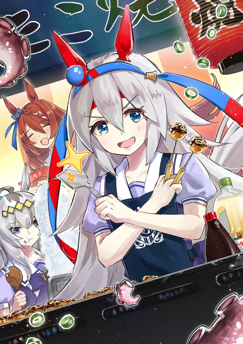 3girls :t =_= absurdres ahoge animal_ears apron bangs blue_eyes blush bottle braid brown_hair eating fang food grey_hair grill hairband headband highres holding holding_spatula horse_ears lantern looking_at_viewer multicolored_hair multiple_girls oguri_cap_(umamusume) open_mouth paper_lantern school_uniform shamoji shidare_(youh4016) smile sparkle spatula spring_onion squid super_creek_(umamusume) takoyaki tamamo_cross_(umamusume) tracen_school_uniform two-tone_hair umamusume v-shaped_eyebrows x_arms