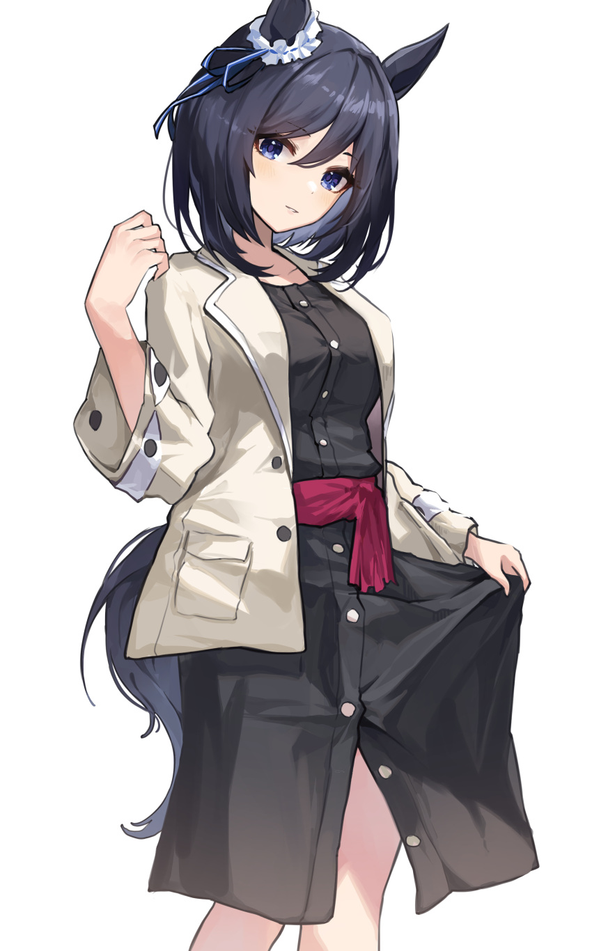 1girl absurdres animal_ears bangs black_dress black_hair blue_eyes breasts buttons dress eishin_flash_(umamusume) feet_out_of_frame hand_up highres horse_ears horse_girl horse_tail jacket long_sleeves looking_at_viewer medium_breasts medium_hair open_clothes open_jacket parted_lips revision sash shino_sto simple_background skirt_hold solo standing tail umamusume white_background