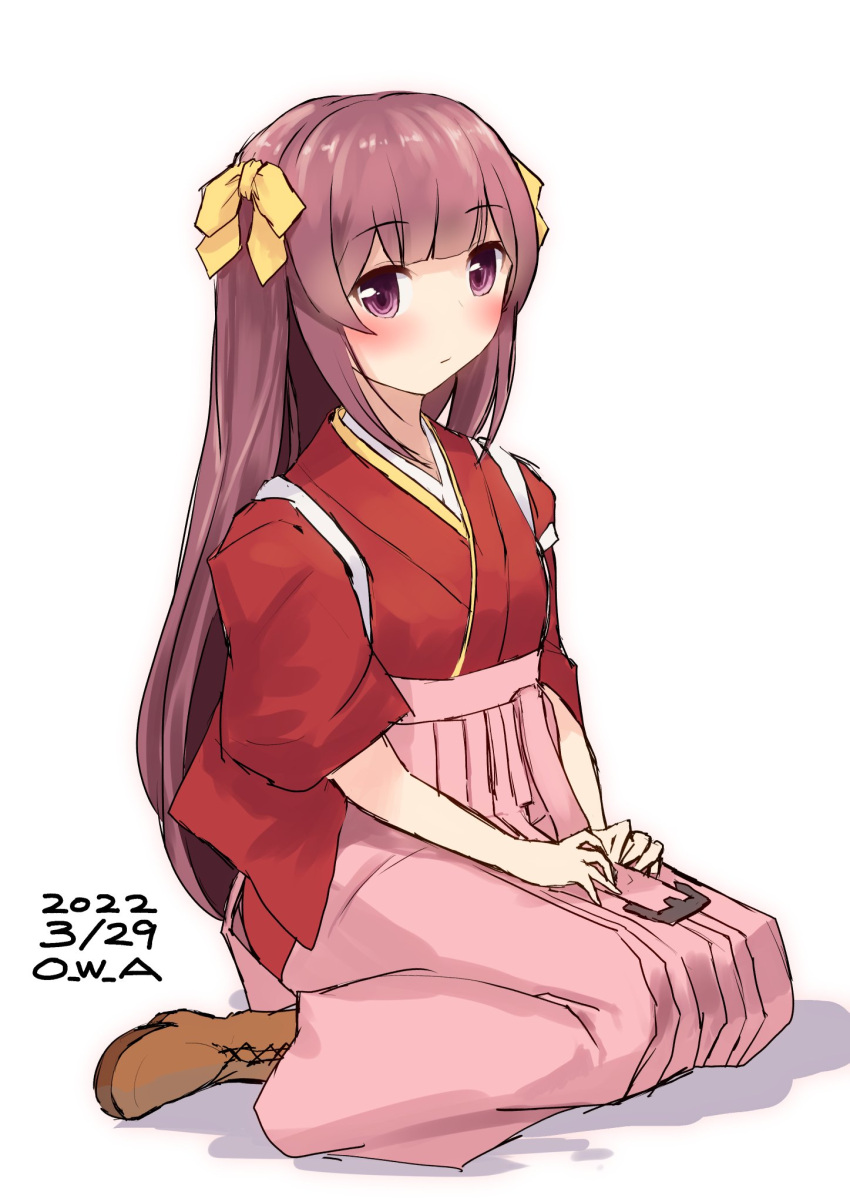 1girl boots bow brown_footwear cross-laced_footwear dated full_body hair_ribbon hakama hakama_skirt highres japanese_clothes kamikaze_(kancolle) kantai_collection kimono lace-up_boots long_hair meiji_schoolgirl_uniform one-hour_drawing_challenge owa_(ishtail) pink_hair pink_hakama purple_hair red_kimono ribbon seiza simple_background sitting skirt solo tasuki twitter_username two_side_up violet_eyes white_background yellow_ribbon
