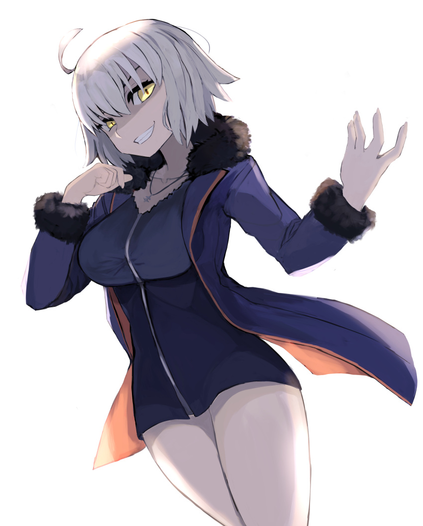 1girl absurdres ahoge black_dress blue_coat breasts coat dress fate/grand_order fate_(series) full-length_zipper fur-trimmed_coat fur-trimmed_jacket fur-trimmed_sleeves fur_trim highres jacket jeanne_d'arc_alter_(fate) jeanne_d'arc_alter_(ver._shinjuku_1999)_(fate) jewelry large_breasts long_sleeves necklace official_alternate_costume open_clothes open_coat sakekasu_(ban_yuuki) short_dress short_hair silver_hair solo yellow_eyes zipper