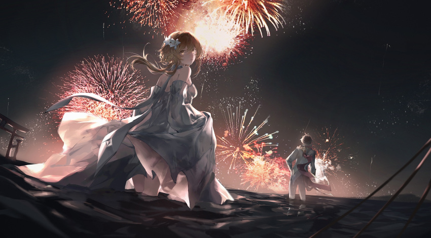 1boy 1girl absurdres blonde_hair clothes_lift detached_sleeves dress dress_lift fireworks flower from_behind genshin_impact hair_flower hair_ornament highres jacket lifted_by_self looking_at_viewer looking_back lumine_(genshin_impact) night night_sky pants partially_submerged red_scarf scarf short_hair short_hair_with_long_locks silver_dress sky tartaglia_(genshin_impact) torii white_jacket white_pants white_scarf yellow_eyes zeklewaaa