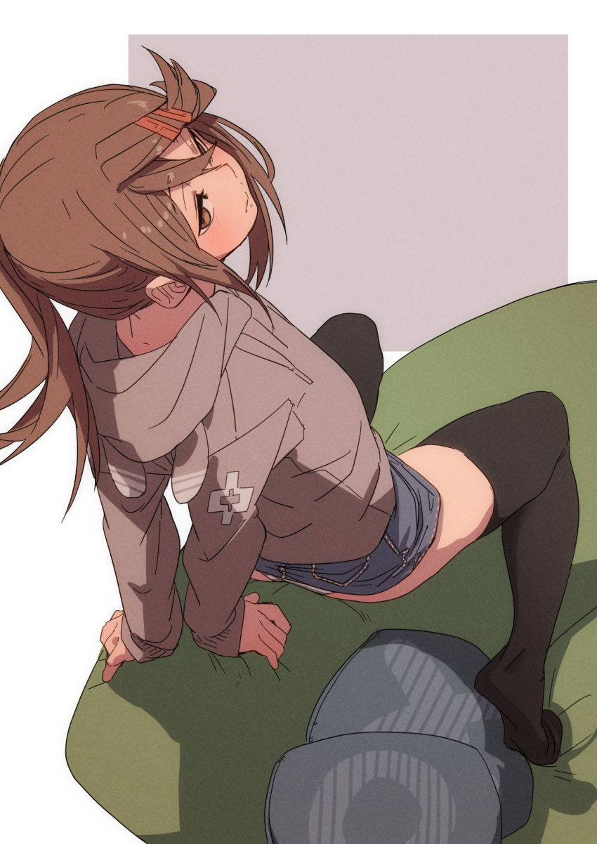 1girl bangs black_legwear brown_background brown_eyes brown_hair brown_hoodie closed_mouth commentary couch from_above fu-ta hair_ornament hairclip highres hood hood_down hoodie long_hair long_sleeves on_couch original pillow ponytail shadow shorts sitting solo thigh-highs two-tone_background usami_taiga white_background