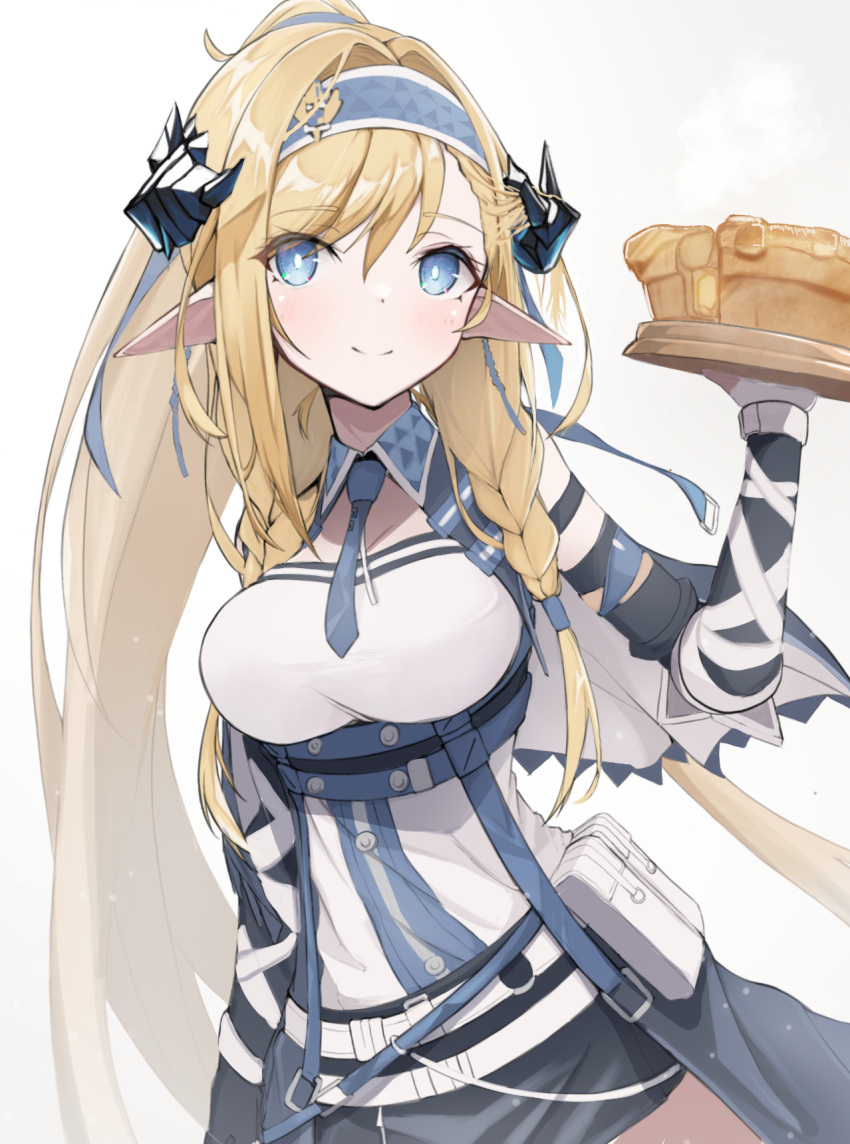 1girl arknights bangs bare_shoulders blonde_hair blue_eyes blue_necktie breasts commentary_request food hand_up highres holding holding_plate large_breasts long_hair looking_at_viewer matchadzuke necktie partial_commentary plate saileach_(arknights) shirt smile solo upper_body very_long_hair white_shirt