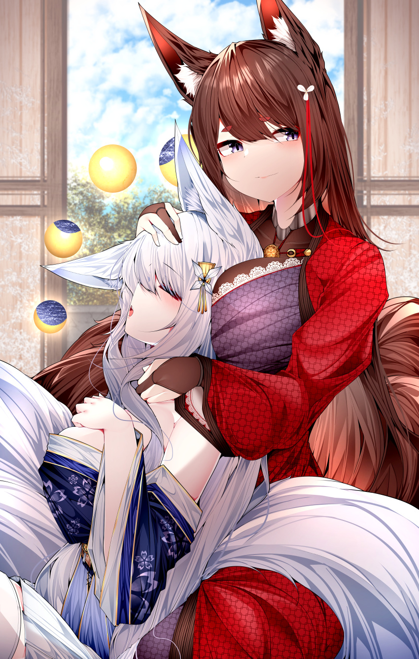 2girls absurdres amagi_(azur_lane) animal_ears azur_lane bare_shoulders breasts brown_hair brown_tail coat fox_ears highres indoors japanese_clothes kimono kitsune large_breasts long_hair moon_phases multiple_girls purple_kimono red_coat samip shinano_(azur_lane) sideways_glance sleeping white_hair white_tail wide_sleeves