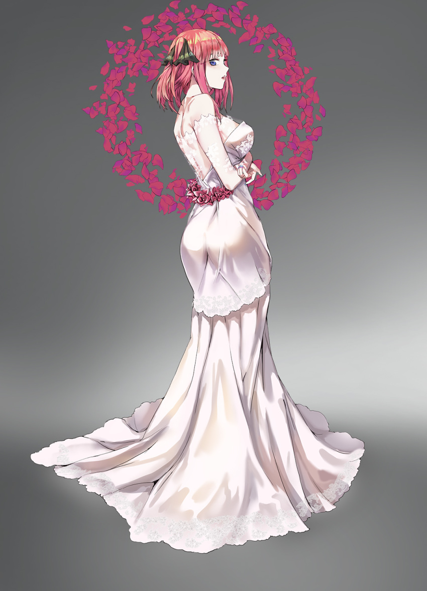 1girl bangs blue_eyes breasts crossed_arms dress from_side full_body go-toubun_no_hanayome grey_background highres jim_dez long_dress long_hair medium_breasts nakano_nino off-shoulder_dress off_shoulder open_mouth pink_hair profile shiny shiny_hair sideboob solo standing wedding_dress white_dress