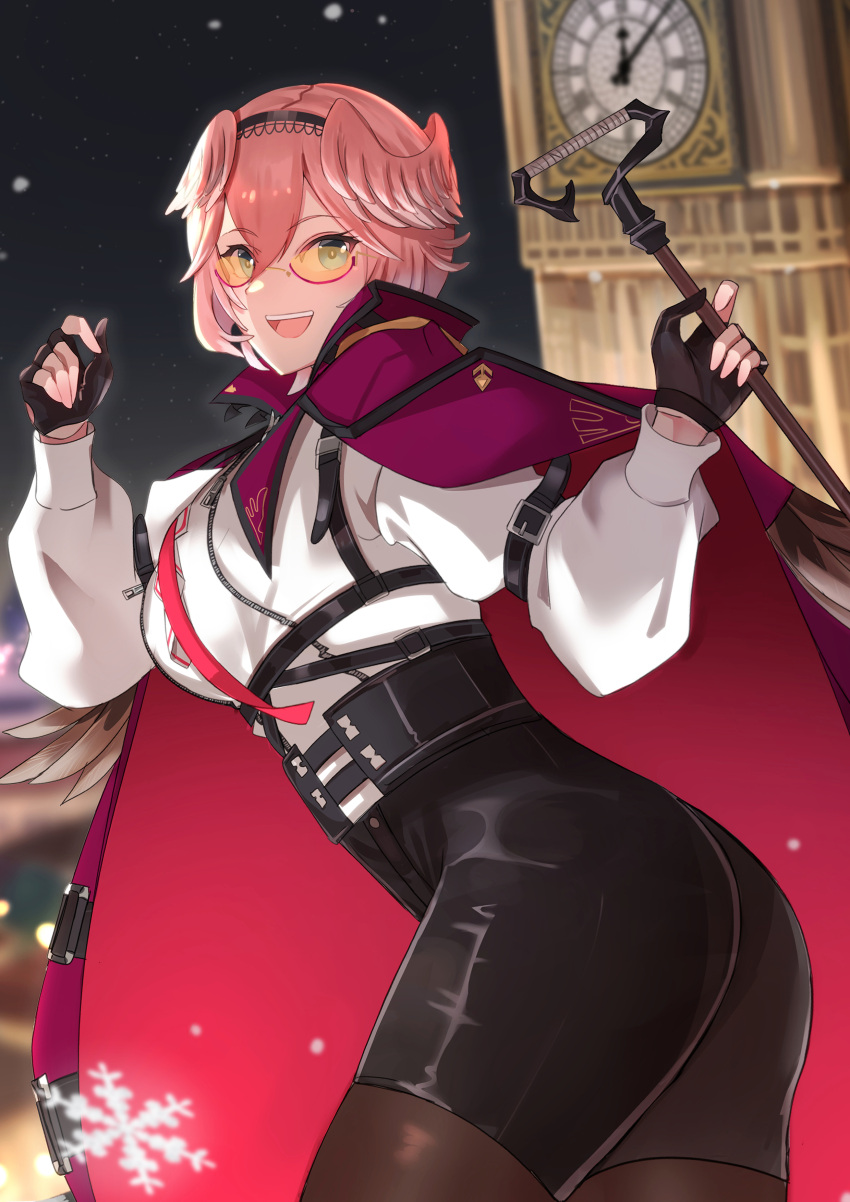absurdres blue_eyes cane cape daweykun eyebrows_visible_through_hair eyelashes glasses gloves head_wings highres holding holding_cane hololive legwear_under_shorts looking_at_viewer looking_back pantyhose pink_hair short_hair shorts smile takane_lui virtual_youtuber