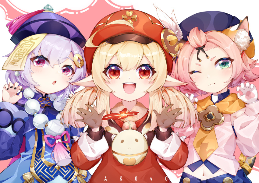 3girls :d ;) ;3 absurdres ahoge akovo animal_ears bangs bangs_pinned_back bead_necklace beads brown_gloves brown_scarf cabbie_hat cat_ears cat_girl cat_tail chinese_clothes choker claw_pose clover_print coat coin_hair_ornament commentary_request detached_sleeves diona_(genshin_impact) eyebrows_visible_through_hair genshin_impact gloves green_eyes hair_between_eyes hair_ribbon hat hat_feather hat_ornament highres jewelry jiangshi jumpy_dumpty klee_(genshin_impact) long_hair long_sleeves looking_at_viewer low_twintails midriff multiple_girls navel necklace ofuda one_eye_closed parted_lips paw_print_palms pink_hair pointy_ears puffy_detached_sleeves puffy_sleeves purple_hair qing_guanmao qiqi_(genshin_impact) red_coat red_eyes red_headwear ribbon scarf short_hair sidelocks simple_background smile tail thick_eyebrows twintails twitter_username viewfinder violet_eyes white_gloves