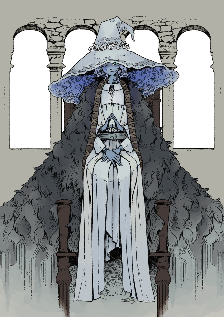 1girl blue_skin cloak closed_mouth colored_skin cracked_skin dress elden_ring extra_arms fur_cloak green_eyes grey_headwear hat head_tilt highres itinogi long_dress long_sleeves looking_at_viewer own_hands_together ranni_the_witch sitting solo steepled_fingers white_dress witch_hat