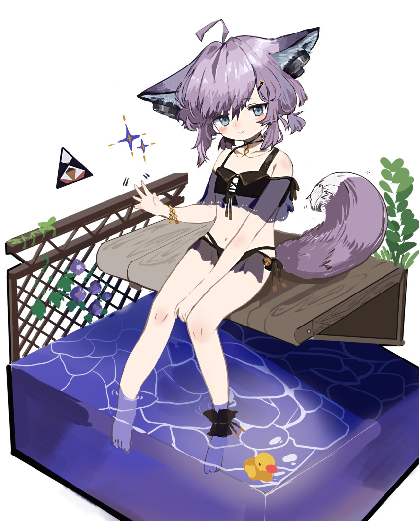 1girl ahoge animal_ear_fluff animal_ears arknights bangs bare_legs bare_shoulders barefoot bikini black_bikini blue_eyes blush closed_mouth commentary_request eyebrows_visible_through_hair food fox_ears fox_girl fox_tail fruit grapes hair_between_eyes headphones_for_animal_ears highres looking_at_viewer navel official_alternate_costume purple_hair rubber_duck ryu_(17569823) see-through sitting soaking_feet solo sparkle sussurro_(arknights) sussurro_(summer_flowers)_(arknights) swimsuit tail water white_background