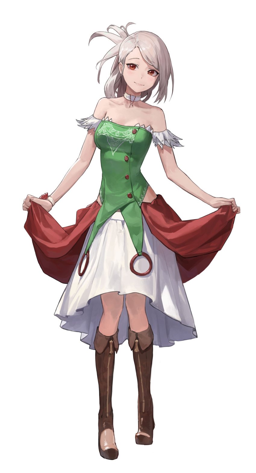 1girl absurdres bare_arms bare_shoulders boots brown_footwear character_request choker closed_mouth collarbone copyright_request full_body green_shirt grey_hair highres knee_boots korean_commentary long_hair looking_at_viewer mac_star off-shoulder_shirt off_shoulder red_eyes red_skirt shirt simple_background skirt solo strapless strapless_shirt tied_hair white_background white_choker white_skirt