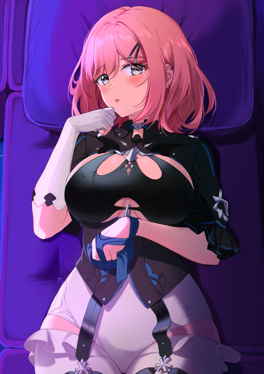 1girl :o absurdres bangs black_leotard blush bob_cut breasts couch from_above gloves grey_eyes highres honkai_(series) honkai_impact_3rd large_breasts leotard looking_at_viewer lying nonbire on_back open_mouth pillow pink_hair short_sleeves single_glove solo timido_cute white_gloves white_legwear
