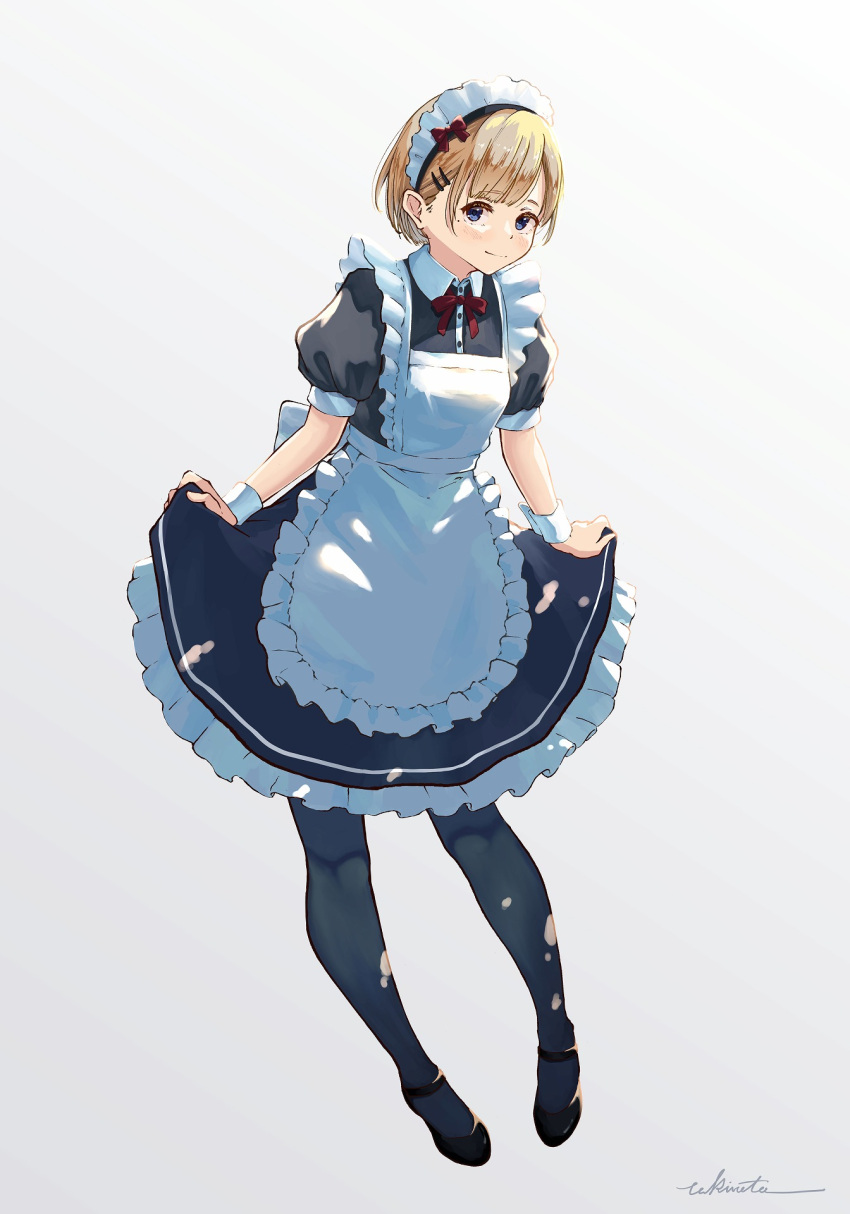 1girl apron black_dress blonde_hair bow dress hair_ornament hairclip highres maid maid_apron maid_headdress original pantyhose pinafore_dress puffy_short_sleeves puffy_sleeves red_bow short_hair short_sleeves signature simple_background skirt_hold takimoto_nao white_background wrist_cuffs