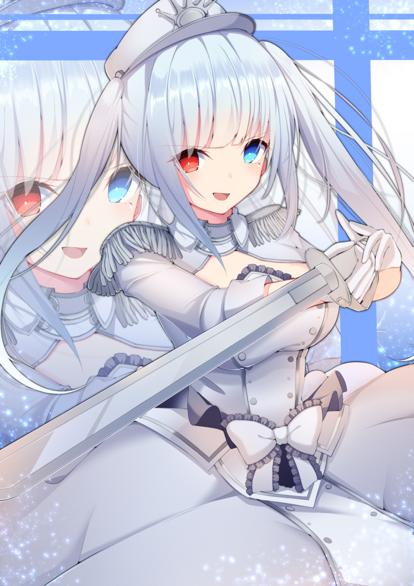 1girl absurdres blue_eyes breasts commentary_request date_a_live date_a_live:_date_a_bullet dress epaulettes gloves hat heterochromia highres holding holding_sword holding_weapon jam_(jamjam777) large_breasts long_hair looking_at_viewer military_hat open_mouth red_eyes silver_gloves silver_hair smile solo sword twintails weapon white_queen_(date_a_live) zoom_layer