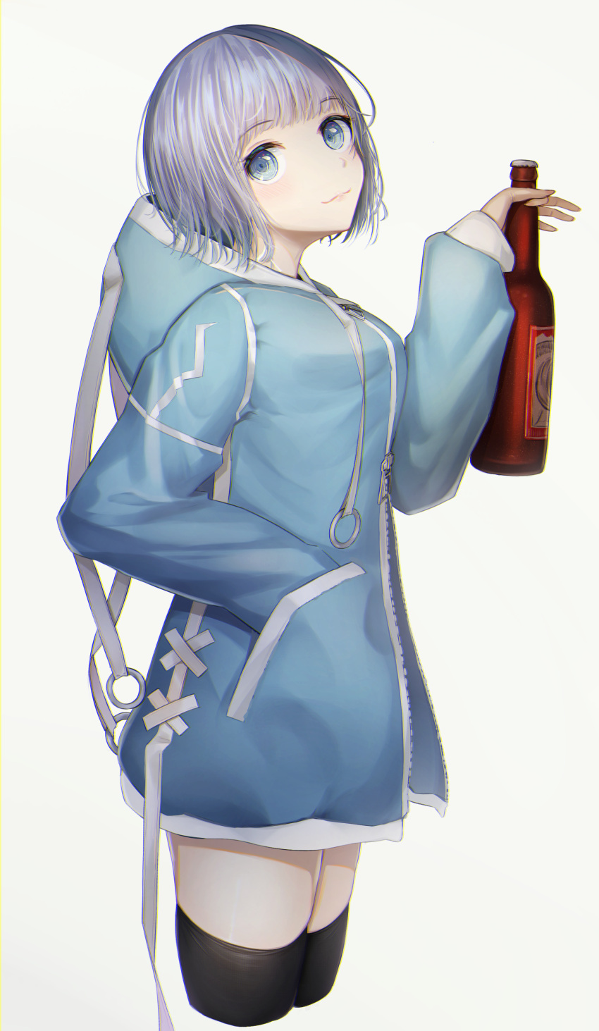 1girl absurdres alcohol bangs black_legwear blue_eyes blue_jacket bottle closed_mouth cowboy_shot cropped_legs eyebrows_visible_through_hair flippy_(cripine111) hand_in_pocket hand_up highres holding holding_bottle hood hooded_jacket jacket light_blush light_smile long_sleeves looking_at_viewer original short_hair simple_background solo thigh-highs uwu white_background white_hair zettai_ryouiki zipper