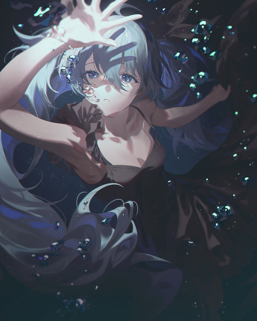 1girl air_bubble black_dress blue_eyes blue_hair breasts bubble collarbone copyright_request dress fajyobore hair_between_eyes hand_over_face hatsune_miku highres long_hair open_mouth small_breasts solo underwater very_long_hair