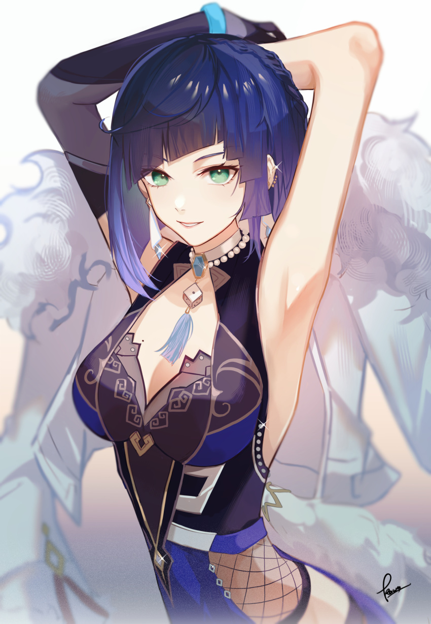1girl absurdres armpits arms_up bangs beads black_gloves blue_hair bob_cut breasts detached_sleeves diagonal_bangs dice fur-trimmed_jacket fur_trim genshin_impact gloves green_eyes highres jacket jacket_on_shoulders jewelry kawausoman looking_at_viewer medium_breasts mole mole_on_breast parted_lips presenting_armpit short_hair signature simple_background sleeveless solo sparkle tassel white_background white_jacket yelan_(genshin_impact)