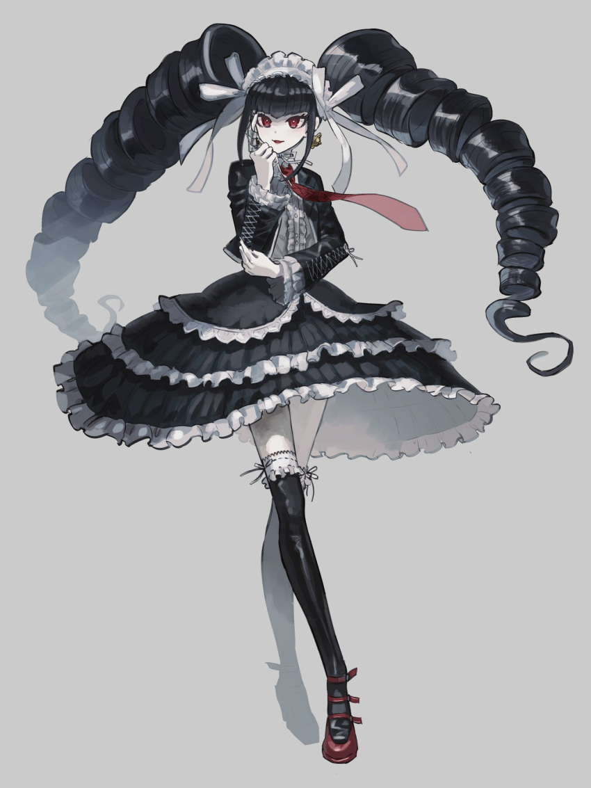 1girl bangs black_hair black_jacket black_legwear black_skirt bonnet celestia_ludenberg center_frills claw_ring danganronpa:_trigger_happy_havoc danganronpa_(series) dress_shirt drill_hair earrings frilled_sleeves frills gothic_lolita grey_background hand_up highres jacket jewelry layered_skirt lolita_fashion long_hair long_sleeves looking_at_viewer necktie open_clothes open_jacket red_eyes red_necktie shirt simple_background skirt smile solo symbol-only_commentary thigh-highs twin_drills twintails visket53