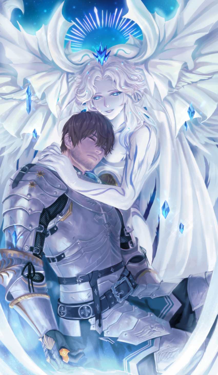 1boy 1girl absurdres adventurer_(ff14) armor beard closed_eyes crystal facial_hair final_fantasy final_fantasy_xiv glowing glowing_eyes highres hug hydaelyn looking_at_another on_(isk1812) paladin_(final_fantasy) sleeping smile spoilers tears white_hair
