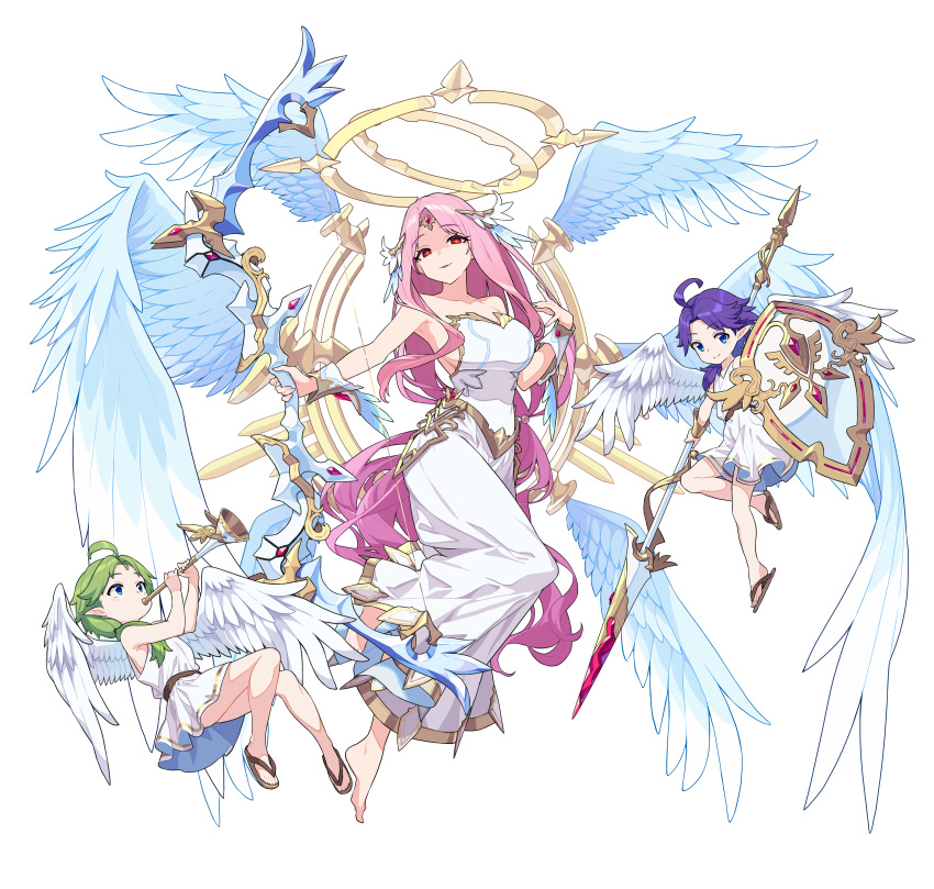 1girl 2others absurdres androgynous angel angel_wings archangel_gabriel_(guardian_tales) bangs bare_shoulders blue_wings bow_(weapon) bracer breasts diadem dress eyebrows_visible_through_hair feathered_wings feathers full_body game_cg guardian_tales hair_ornament halo highres holding holding_bow_(weapon) holding_weapon long_hair looking_at_viewer medium_breasts multiple_others multiple_wings no_bra official_art open_mouth parted_bangs pink_hair red_eyes seraph shaded_face shield smirk transparent_background weapon white_dress wings