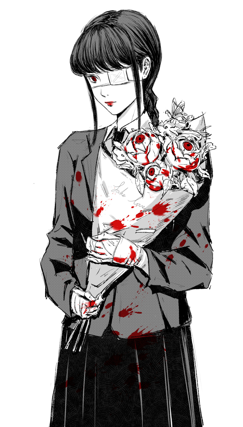 1girl absurdres blood blood_on_clothes blood_on_hands bouquet bug butterfly closed_mouth cursive english_text eyeball eyepatch fingernails flower formal greyscale guro highres holding holding_bouquet leaf long_hair long_skirt monochrome necktie original purple_z red_eyes red_lips rose simple_background skirt sleeves_past_wrists solo spot_color suit tied_hair white_background