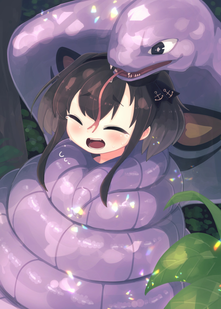 1girl anchor_symbol arbok bangs black_eyes black_hair blush bound closed_eyes commentary_request commission constriction crossover fangs flying_sweatdrops forked_tongue grey_hair highres ino_(tellu0120) kantai_collection leaf multicolored_hair open_mouth outdoors pokemon pokemon_(creature) saliva short_hair_with_long_locks skeb_commission tears tokitsukaze_(kancolle) tongue