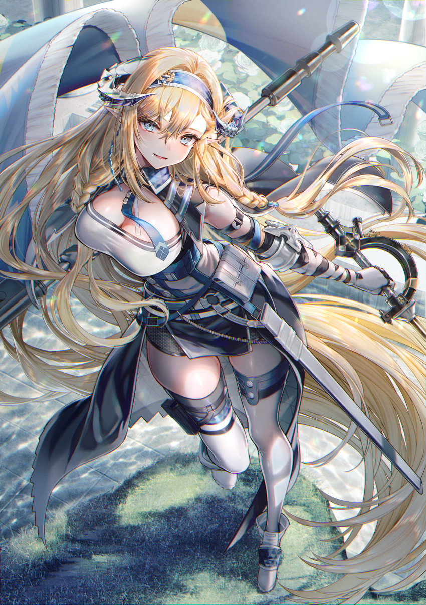 1girl :d absurdly_long_hair arknights arm_strap bangs bare_shoulders black_skirt blonde_hair blue_eyes blue_hairband boots breasts commentary_request elbow_gloves flag gloves hair_between_eyes hairband highres holding holding_sword holding_weapon horns large_breasts long_hair looking_at_viewer partial_commentary pointy_ears pouch saileach_(arknights) scabbard sheath shirt skirt smile solo sword tarutaru_yamaoka thigh-highs twisted_torso very_long_hair weapon white_legwear white_shirt zettai_ryouiki