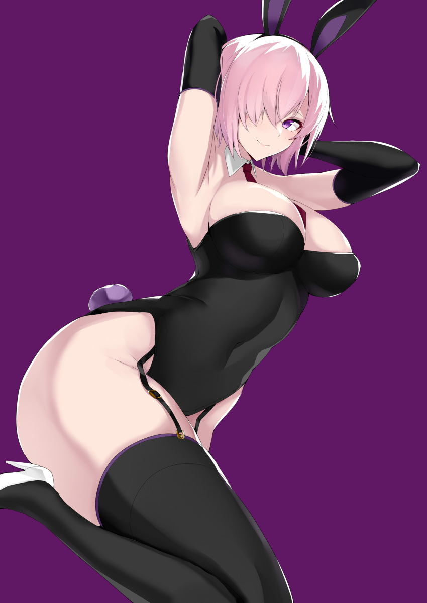 1girl absurdres animal_ears armpits arms_behind_head arms_up bangs black_legwear black_leotard blush breasts closed_mouth commentary_request commission covered_navel detached_collar elbow_gloves fake_animal_ears fate/grand_order fate_(series) garter_straps gloves hair_ornament hair_over_one_eye high_heels highleg highleg_leotard highres leotard looking_at_viewer maruyaa_(malya1006) mash_kyrielight medium_breasts pink_hair playboy_bunny purple_background rabbit_ears short_hair simple_background sitting skeb_commission smile solo strapless strapless_leotard thigh-highs violet_eyes white_footwear