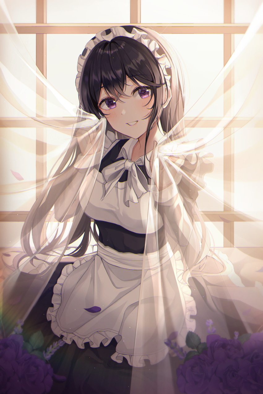 1girl absurdres apron bangs black_hair blush breasts commentary crossed_bangs curtains dress eyebrows_visible_through_hair flower frills grin hair_between_eyes highres holding long_hair long_sleeves looking_at_viewer maid maid_headdress original purple_flower smile solo symbol-only_commentary teeth violet_eyes waist_apron window yulha_06