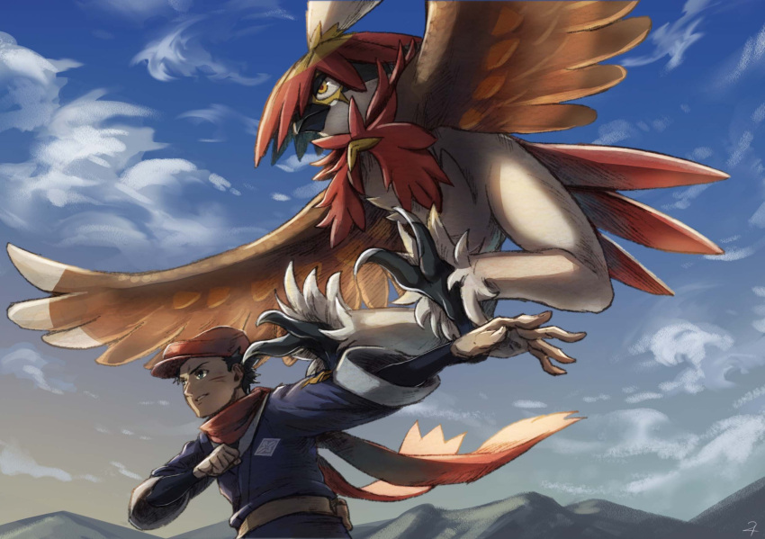 1boy bird black_hair black_shirt clenched_hand clouds commentary_request cuts day from_side grey_jacket hat highres hisui-cha hisuian_decidueye injury jacket male_focus outdoors outstretched_arm parted_lips pokemon pokemon_(creature) pokemon_(game) pokemon_legends:_arceus red_headwear red_scarf rei_(pokemon) scarf shirt short_hair sky