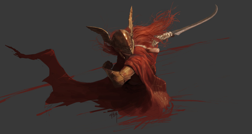 1girl cape covered_face elden_ring eruthu fighting_stance floating_hair grey_background helmet highres holding holding_sword holding_weapon long_hair malenia_blade_of_miquella red_cape redhead signature simple_background solo sword upper_body weapon winged_helmet