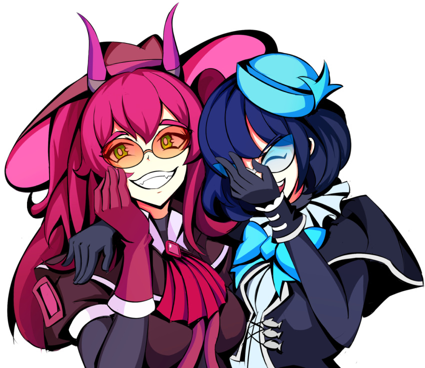 2girls arm_around_shoulder bangs blue_bow blue_hair bow bowtie breasts duel_monster english_commentary evil_twin_ki-sikil evil_twin_lil-la gloves green_eyes grin hair_between_eyes hand_on_own_face hat highres ki-sikil_(yu-gi-oh!) large_breasts laughing lil-la_(yu-gi-oh!) long_hair multiple_girls pink_hair puffy_short_sleeves puffy_sleeves rsutibu short_hair short_sleeves smile sunglasses tinted_eyewear transparent_background yu-gi-oh!