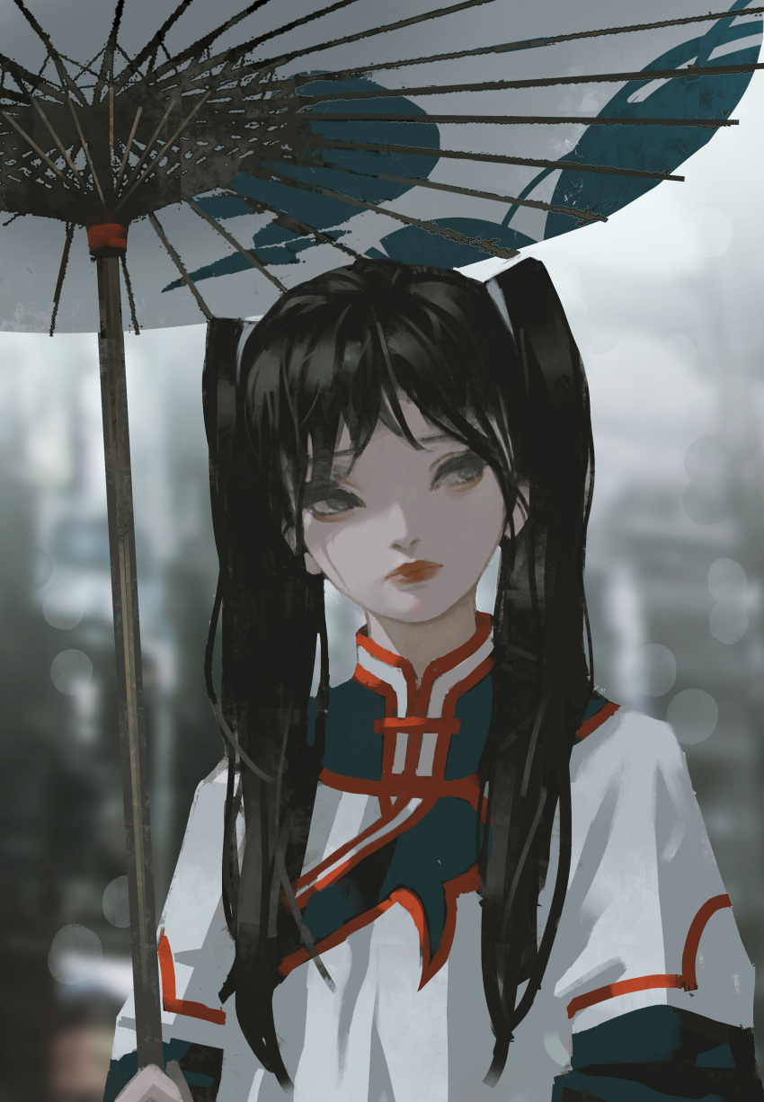 1girl absurdres black_hair blurry blurry_background chinese_clothes commentary_request dress grey_eyes highres holding holding_umbrella long_hair oil-paper_umbrella original red_lips solo tuoer twintails umbrella upper_body white_dress white_umbrella