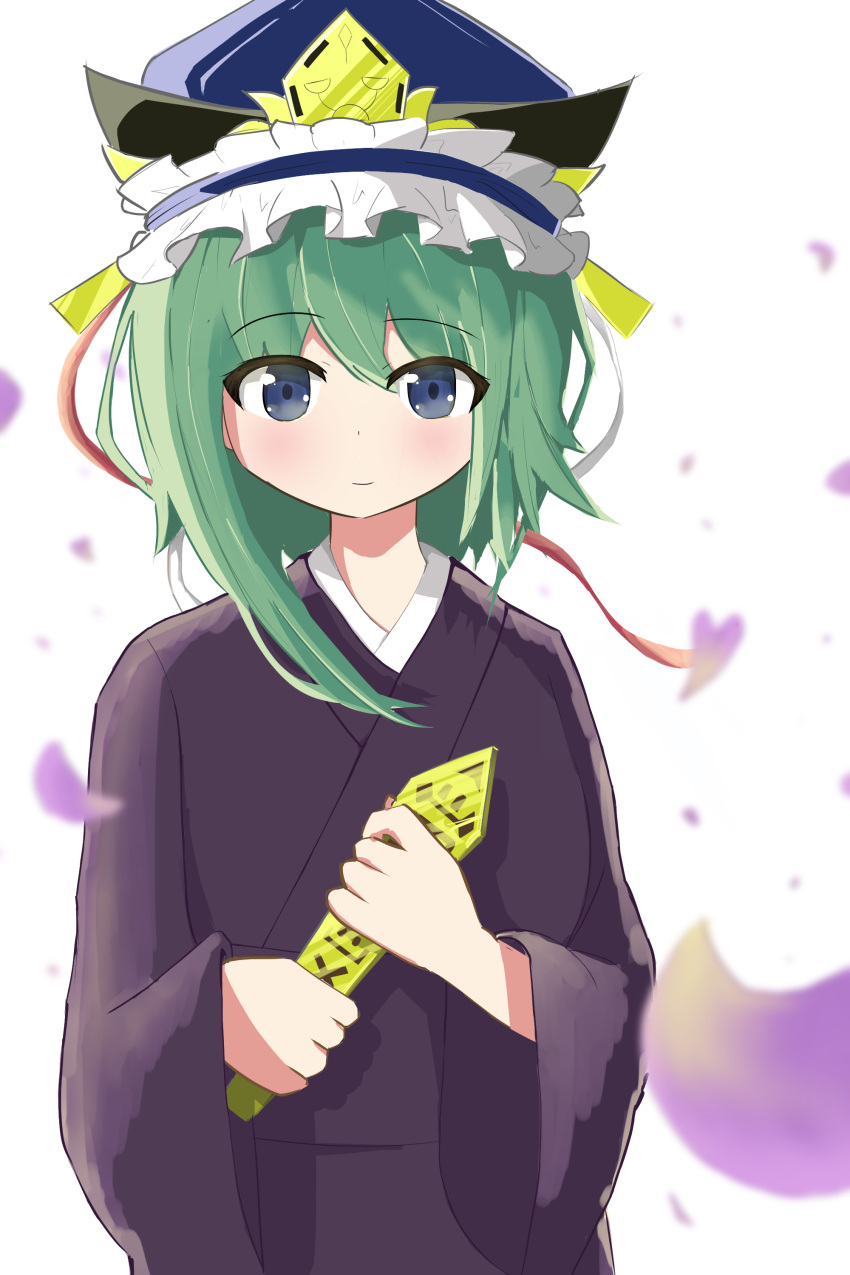 1girl absurdres alternate_costume asymmetrical_hair bangs blue_eyes blush brown_kimono closed_mouth commentary_request eyebrows_visible_through_hair flat_chest frilled_hat frills green_hair hair_between_eyes hat highres holding japanese_clothes kimono long_sleeves looking_at_viewer medium_hair neko_suzume rod_of_remorse shiki_eiki smile solo touhou upper_body white_background wide_sleeves