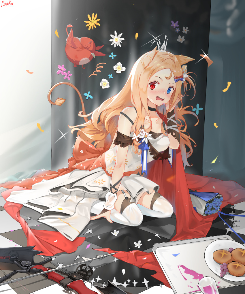 1girl absurdres animal animal_ears archetto_(arknights) arknights arrow_(projectile) bare_shoulders bird black_choker blonde_hair blue_bow blue_eyes blue_flower blue_rose blush bouquet bow bow_(weapon) breasts checkered_floor choker collarbone commentary_request crown dress fang flower food forehead garter_straps hair_bow hand_up heterochromia highres long_hair medium_breasts mini_crown one_side_up open_mouth pink_flower purple_flower red_bow red_eyes rose seiza signature sitting solo tail thigh-highs tray very_long_hair weapon white_dress white_flower white_legwear yellow_flower yingzhanfenghua