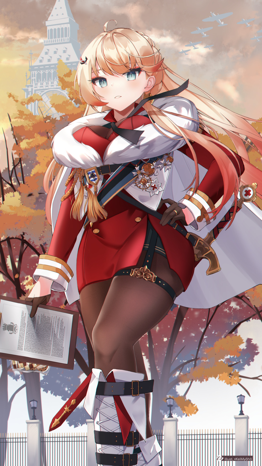 1girl absurdres ahoge aircraft airplane autumn azur_lane bangs black_gloves blonde_hair blush boots branch breasts cape capelet clipboard clouds cloudy_sky commentary_request eyebrows_visible_through_hair fur_trim garter_straps gloves gradient gradient_hair gradient_sky green_eyes hair_ornament hand_on_hip highres holding howe_(azur_lane) jewelry knee_boots long_hair long_sleeves looking_at_viewer makeup medal medium_breasts multicolored_hair myomura pantyhose parted_lips ring royal_navy_(emblem) simple_background sky solo sunset sword tree two-tone_hair weapon white_cape