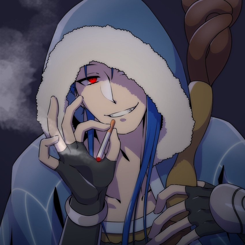 1boy blue_hair bracelet cigarette closed_mouth collarbone cu_chulainn_(caster)_(fate) cu_chulainn_(fate) earrings fang fate/grand_order fate_(series) fur-trimmed_hood fur_trim grin highres holding holding_staff hood jewelry kulonostone long_hair looking_at_viewer male_focus red_eyes smile smoking staff