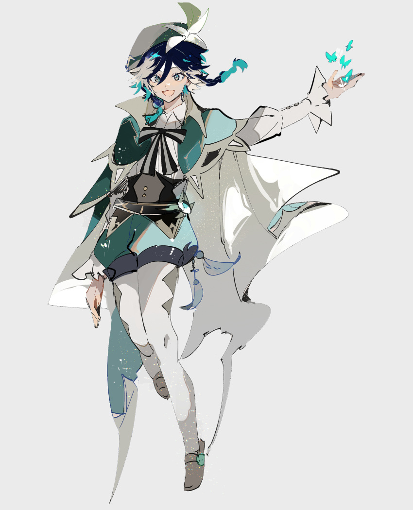 1boy absurdres androgynous aqua_eyes aqua_hair arm_up bangs beret black_hair bow braid brown_footwear bug butterfly cape collared_cape feathers flower frilled_sleeves frills full_body genshin_impact gradient_hair green_cape green_headwear green_shorts grey_background hat hat_flower highres juliet_sleeves loafers long_sleeves looking_at_viewer loomyoi2 male_focus multicolored_hair pantyhose puffy_sleeves shirt shoes short_hair_with_long_locks shorts simple_background solo twin_braids venti_(genshin_impact) white_flower white_legwear white_shirt
