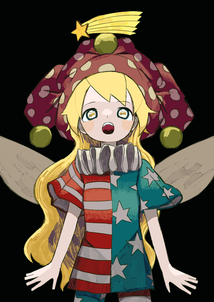 1girl absurdres american_flag_pants american_flag_shirt bangs black_background blonde_hair clownpiece commentary_request eyebrows_visible_through_hair fairy_wings grey_eyes hat highres jester_cap light long_hair looking_up neck_ruff neruzou open_mouth pants polka_dot purple_headwear shirt short_sleeves simple_background solo standing star_(sky) star_(symbol) star_in_eye star_print striped striped_pants striped_shirt symbol_in_eye teeth touhou wings