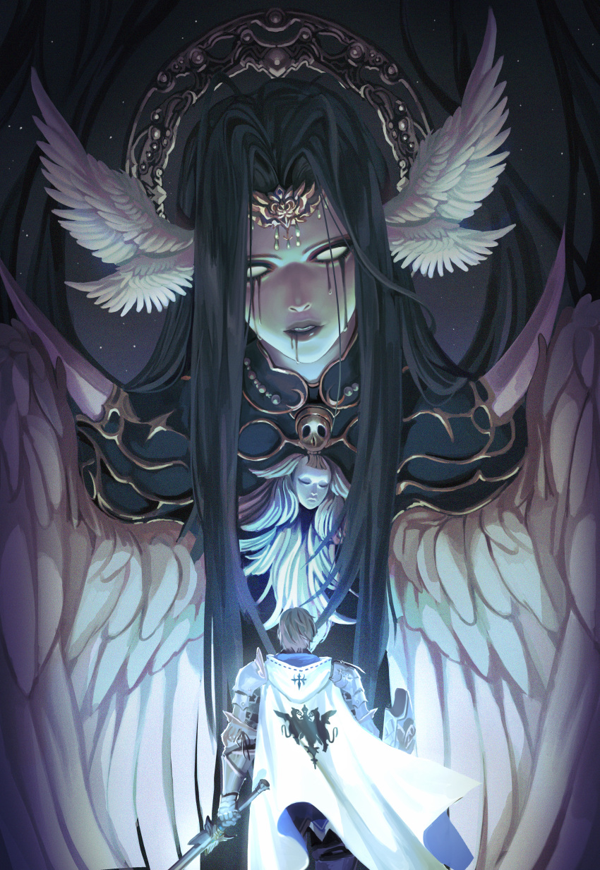 1boy 1girl absurdres adventurer_(ff14) armor black_hair black_lips black_tears cape feathered_wings final_fantasy final_fantasy_xiv head_wings highres holding holding_sword holding_weapon long_hair multiple_wings no_pupils on_(isk1812) paladin_(final_fantasy) parted_lips shield spoilers sword the_endsinger tiara very_long_hair weapon wings