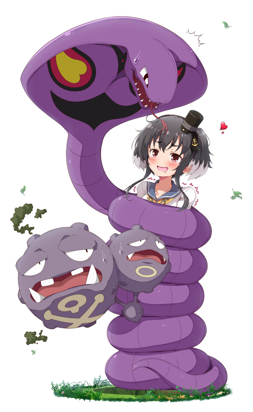 1girl absurdres anchor_symbol arbok bangs black_hair blue_sailor_collar blush bound commentary_request commission constriction crossover drooling eggman_(pixiv28975023) fangs forked_tongue grass grey_hair heart highres kantai_collection leaf mouth_drool multicolored_hair neckerchief pokemon pokemon_(creature) sailor_collar short_hair_with_long_locks simple_background skeb_commission smoke sweat tokitsukaze_(kancolle) tongue trembling weezing white_background yellow_neckerchief