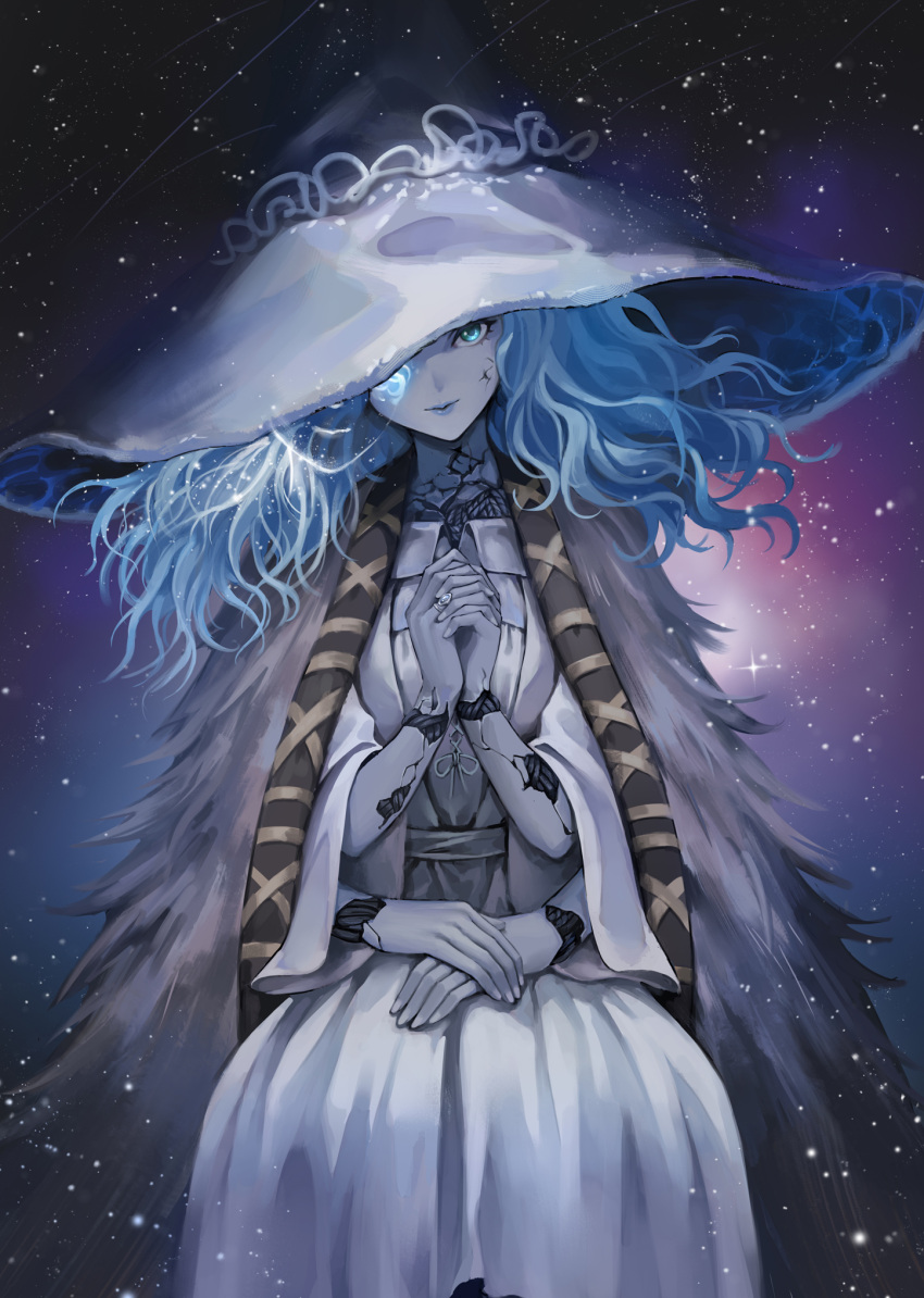 1girl blue_skin cloak_fur colored_skin cracked_skin doll_joints dress elden_ring extra_arms extra_faces hat highres jewelry joints long_hair looking_at_viewer natsugou_shinogi ranni_the_witch ring sitting solo white_dress witch_hat