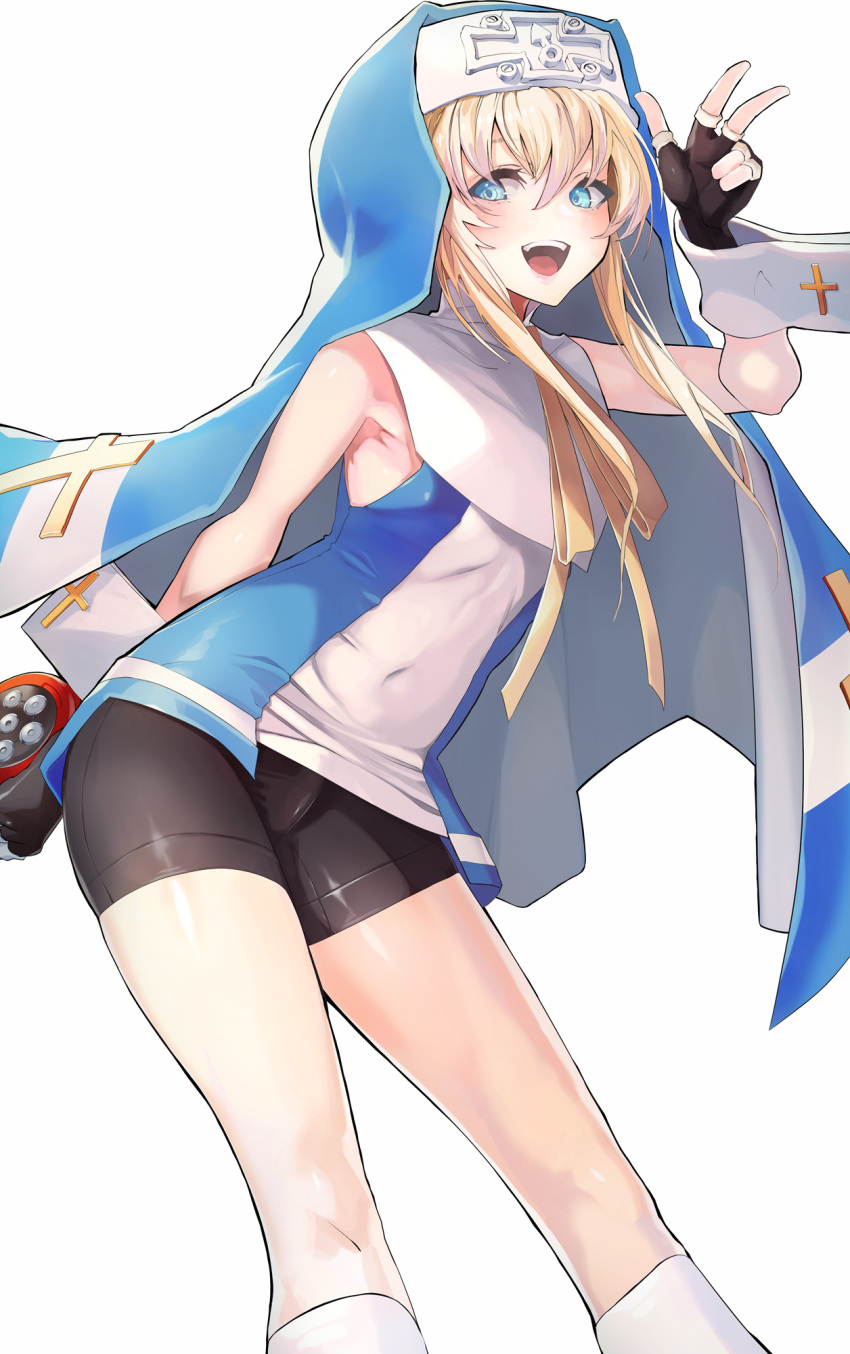 1girl bangs bike_shorts black_gloves blonde_hair blue_headwear blush bridget_(guilty_gear) bulge commentary_request covered_navel cross fingerless_gloves gloves guilty_gear habit hair_between_eyes highres holding long_hair mars_symbol open_mouth shorts sleeveless solo taishi_(picchiridou) w wrist_cuffs yo-yo