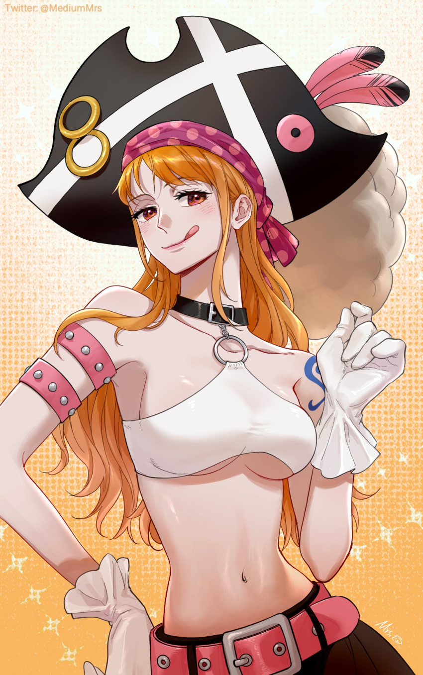 1girl :p absurdres belt black_skirt breasts choker crop_top gloves hat highres large_breasts long_hair looking_at_viewer midriff mrs.custard nami_(one_piece) navel one_piece one_piece:_film_red orange_eyes orange_hair pink_belt pirate pirate_hat skirt smile solo tattoo tongue tongue_out under_boob white_gloves