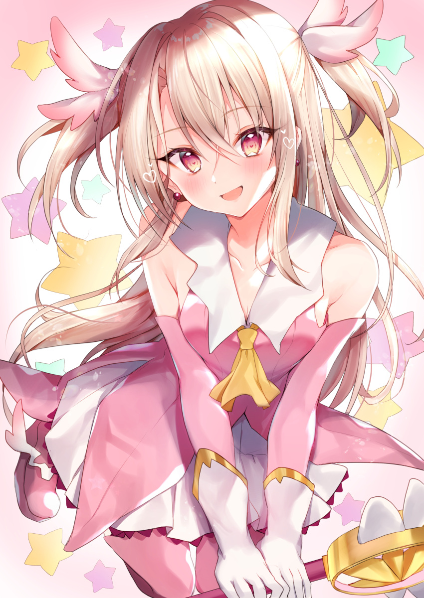 1girl absurdres ascot bangs bare_shoulders blush boots breasts cape dress elbow_gloves fate/kaleid_liner_prisma_illya fate_(series) feather_hair_ornament feathers gloves hair_between_eyes hair_ornament highres illyasviel_von_einzbern kaleidostick layered_gloves long_hair looking_at_viewer magical_ruby nenobi_(nenorium) open_mouth pink_dress pink_footwear pink_gloves prisma_illya red_eyes sidelocks skirt small_breasts smile thigh-highs thigh_boots two_side_up wand white_cape white_gloves white_hair white_skirt