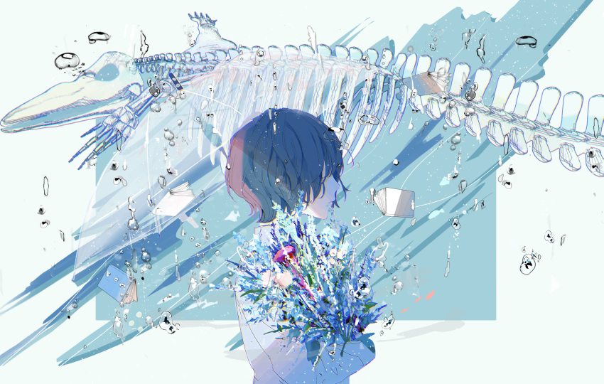 1girl absurdres air_bubble animal_skull bangs black_hair blue_background book bouquet bubble closed_mouth commentary_request from_side hagimorijia hair_over_eyes highres holding holding_bouquet original profile short_hair skeleton solo two-tone_background upper_body