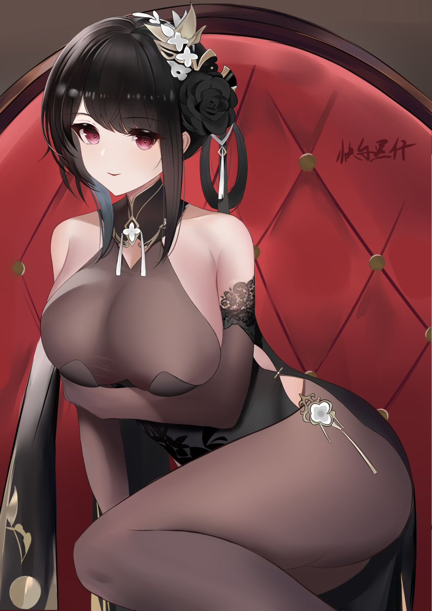 1girl absurdres arm_under_breasts azur_lane bare_shoulders black_dress black_flower black_legwear black_rose bodystocking breasts brown_gloves chen_hai_(azur_lane) chen_hai_(vestibule_of_wonders)_(azur_lane) china_dress chinese_clothes dress elbow_gloves feet_out_of_frame flower gloves highres kuaile_hei_zi lace-trimmed_gloves lace_trim large_breasts long_hair looking_at_viewer official_alternate_costume pelvic_curtain rose sitting sleeveless sleeveless_dress solo taut_clothes taut_dress thighs