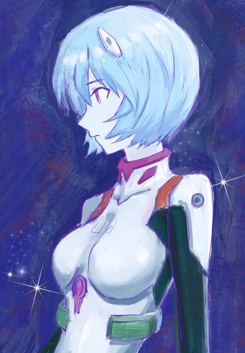 1girl abstract_background absurdres ayanami_rei blue_background blue_hair blue_theme closed_mouth colored_skin diffraction_spikes grey_skin highres light_blue_hair neon_genesis_evangelion painterly plugsuit purple_z red_eyes short_hair solo sparkle upper_body