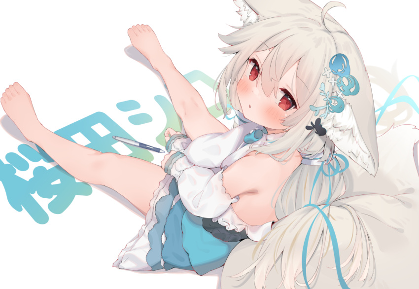 1girl :o ahoge animal_ear_fluff animal_ears bangs bare_legs barefoot between_legs blue_dress blush character_name commission detached_sleeves dress eip_(pepai) eyebrows_visible_through_hair frilled_dress frills from_above grey_hair hair_between_eyes hair_ornament hand_between_legs leaning_back legs long_hair looking_at_viewer original ponytail puffy_sleeves red_eyes ribbon sakurada_shiro sidelocks sitting skeb_commission sleeveless sleeveless_dress solo tail toes translation_request
