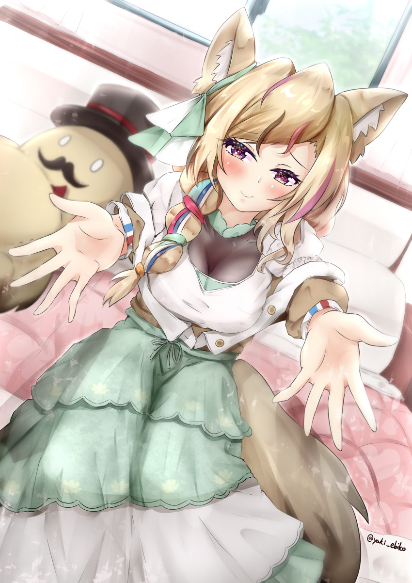 1girl alternate_costume animal_ears blonde_hair blue_hair blush braid breasts closed_mouth facing_viewer fennec_fox highres hololive incoming_hug indoors long_hair long_sleeves looking_at_viewer medium_breasts mr_lobster multicolored_hair omaru_polka open_hands outstretched_arms outstretched_hand reaching_out redhead side_braid sitting smile spread_arms tail violet_eyes virtual_youtuber